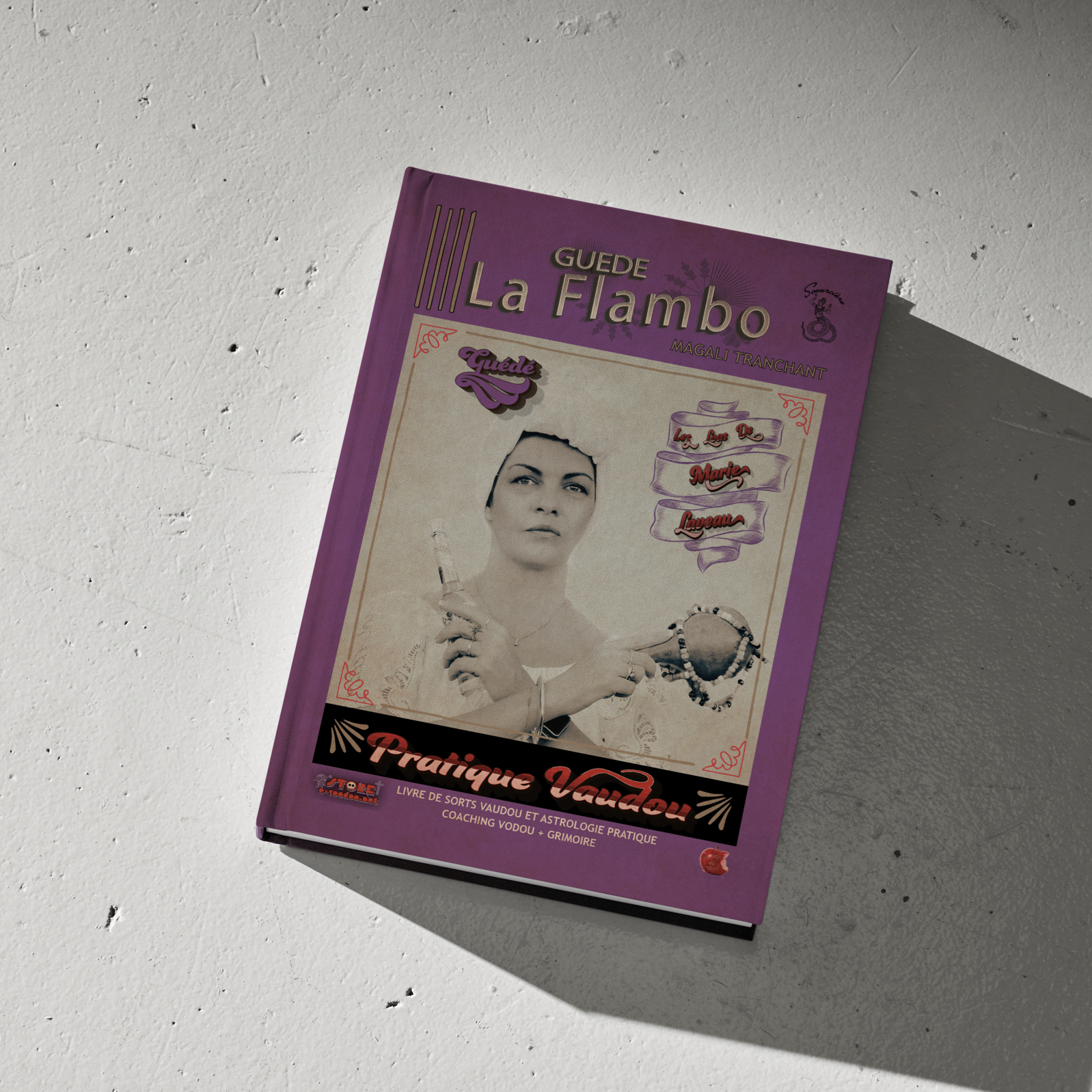 Couverture du livre relié Guédé La Flambo par Magali Tranchant, explorant les rituels vaudou et secrets des Loas, guide pratique pour initiés et passionnés, offrant une immersion détaillée dans la tradition mystique vaudou.